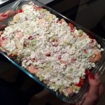 Vislasagne met gamba's, prei en venkel