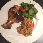 Geroosterde pompoen met gemarineerde kippenpootjes