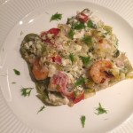 Vislasagne met gamba's, prei en venkel