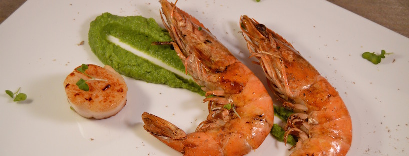 voorgerecht: coquille met gamba's en mousseline van doperwt & munt