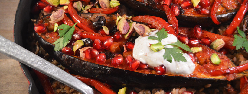Rijstsalade met aubergine uit de oven