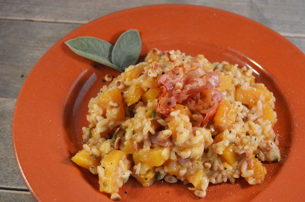 Risotto met pompoen, salie en pancetta
