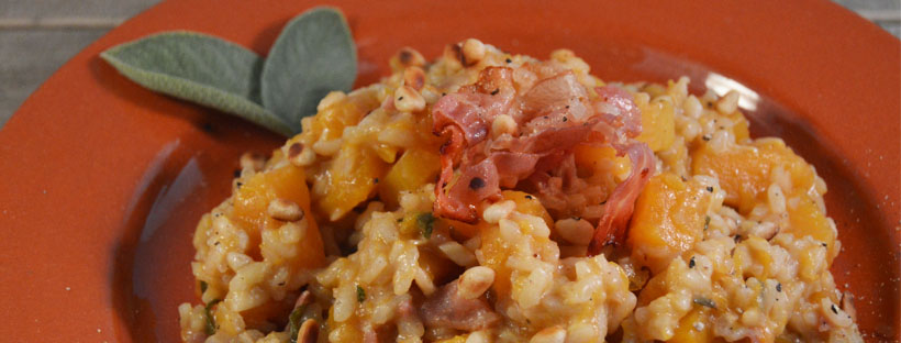 Risotto met pompoen, salie en pancetta